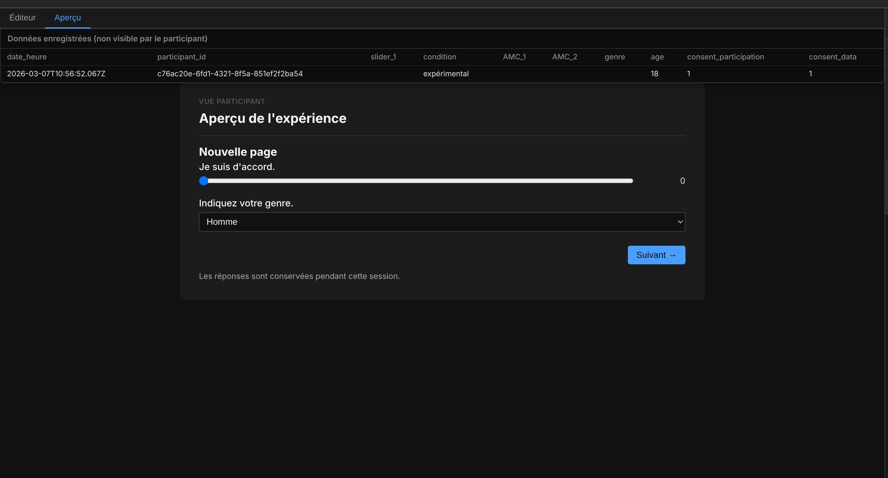 Aperçu en direct avec tableau des données