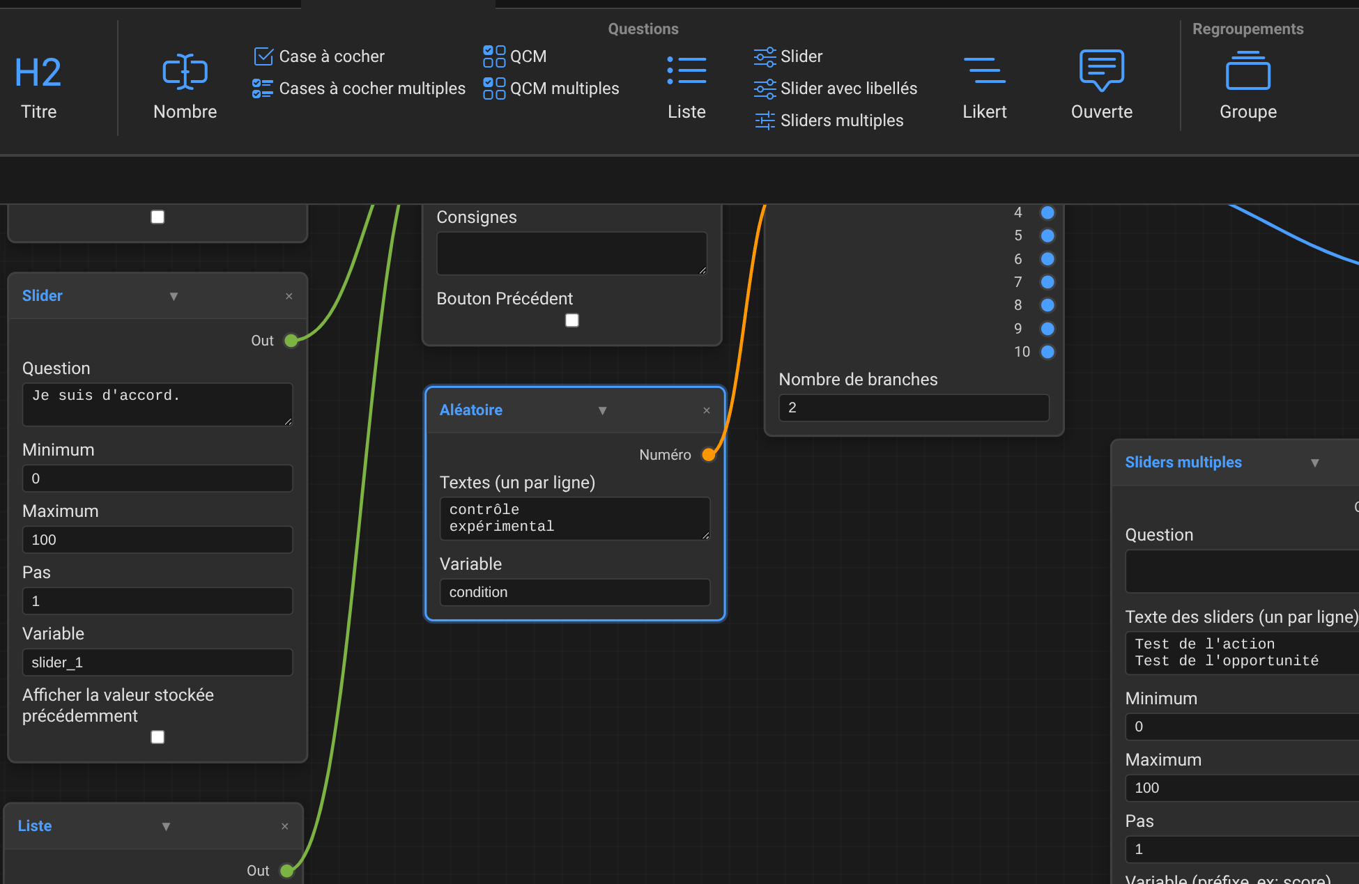 Exemples de questions (slider, QCM, liste)